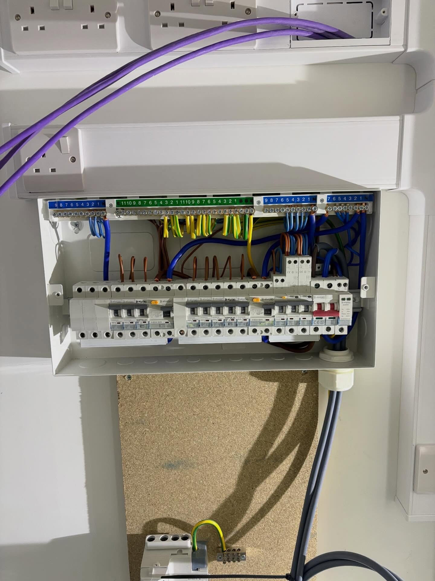 Modern consumer unit open showing dual-RCD protection and neatly dressed circuits