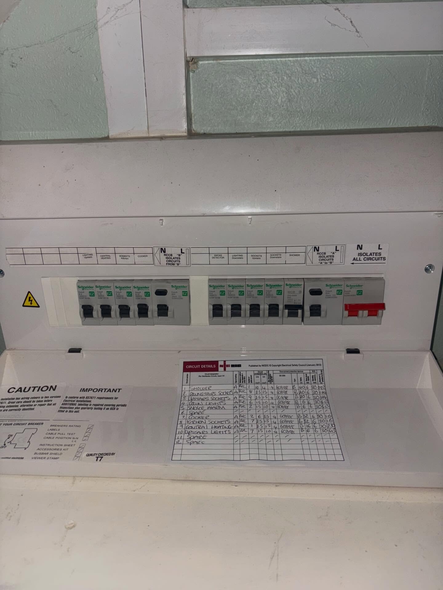 Schneider Electric dual-RCD consumer unit with circuit schedule in door showing all test results